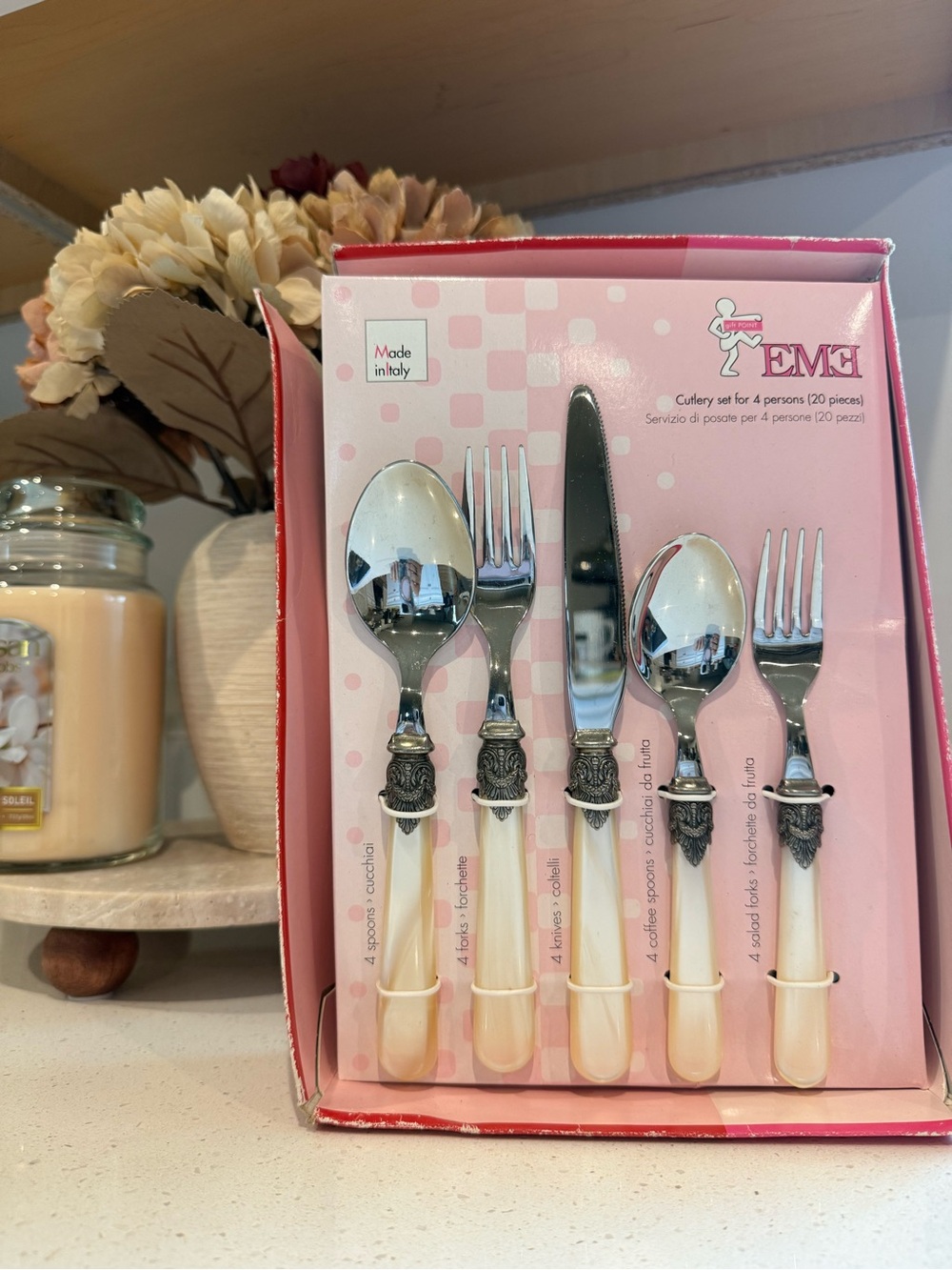 EME Inox Italy Napoleon 18/10 Stainless Steel Ivory Pearl 20pc Cutlery Set NIB